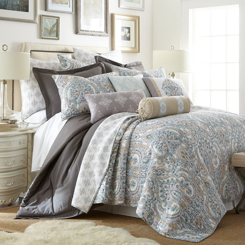 Levtex Home - Rome Quilt Set - King Quilt (106x92in.) + Two King Pillow Shams (36x20in.) - Paisley - Beige, Blue, and White - Reversible - Cotton Fabric - Image 1